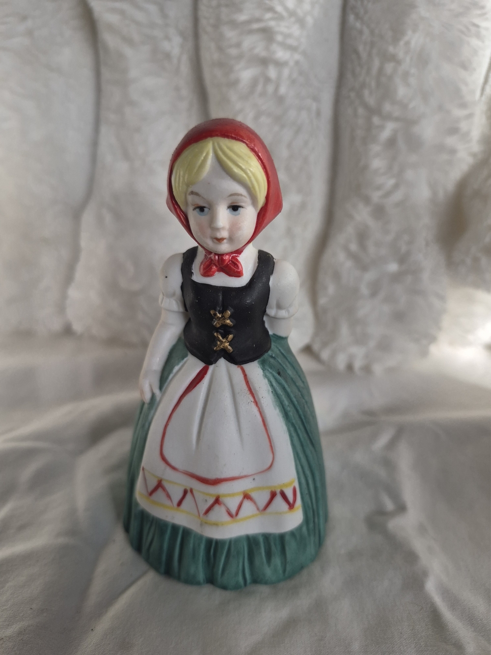 Vintage Ceramic Girl Figurine in Red, Green, White bell
